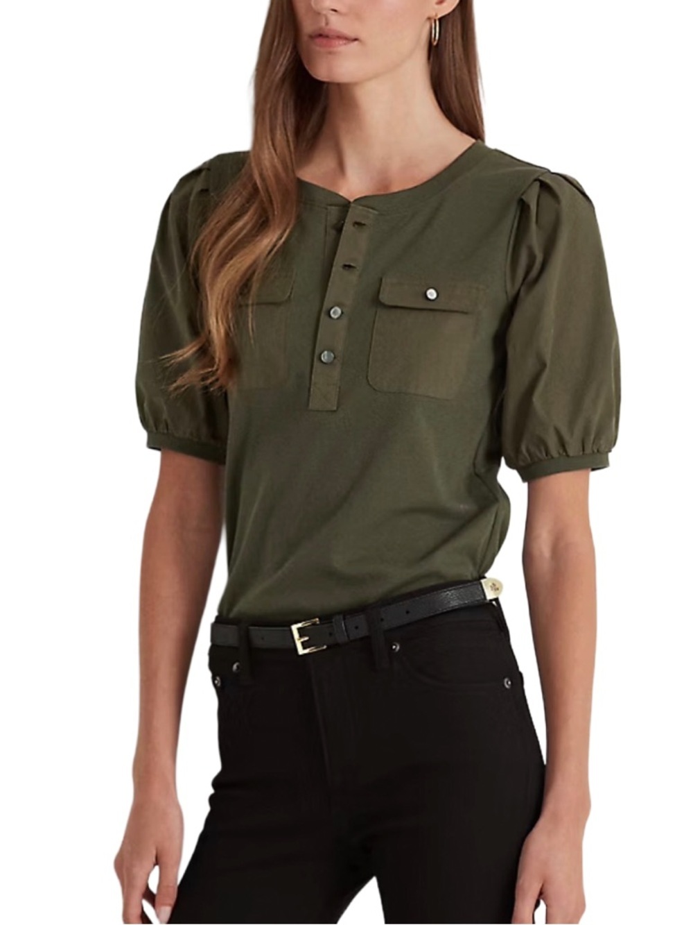 Lauren Ralph Lauren Womens Top Cotton Puff Sleeve Henley Olive Green Sz S/P NEW